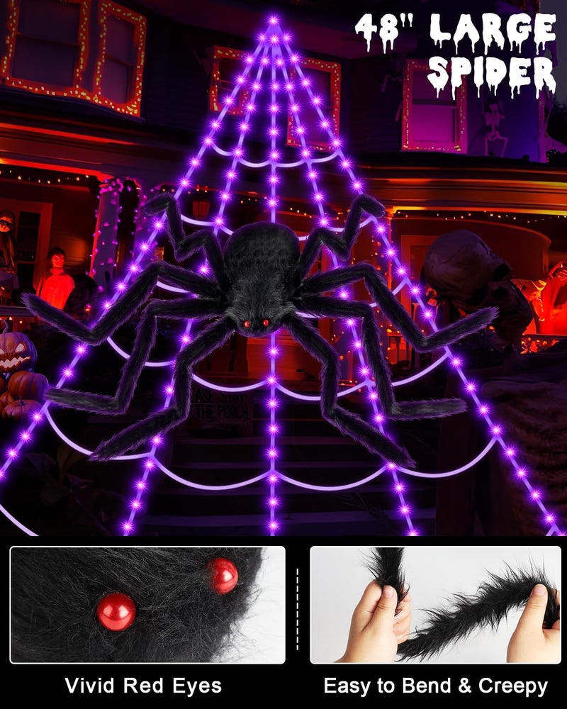 EH.DT Brighter Spider Webs Halloween Decorations Lights,250 Purple LED Light Up,8 Modes 16.4Ft Giant Spiderweb with Remote Control,48'' Giant Spider,Halloween Decor for Yard Outside - Image 2
